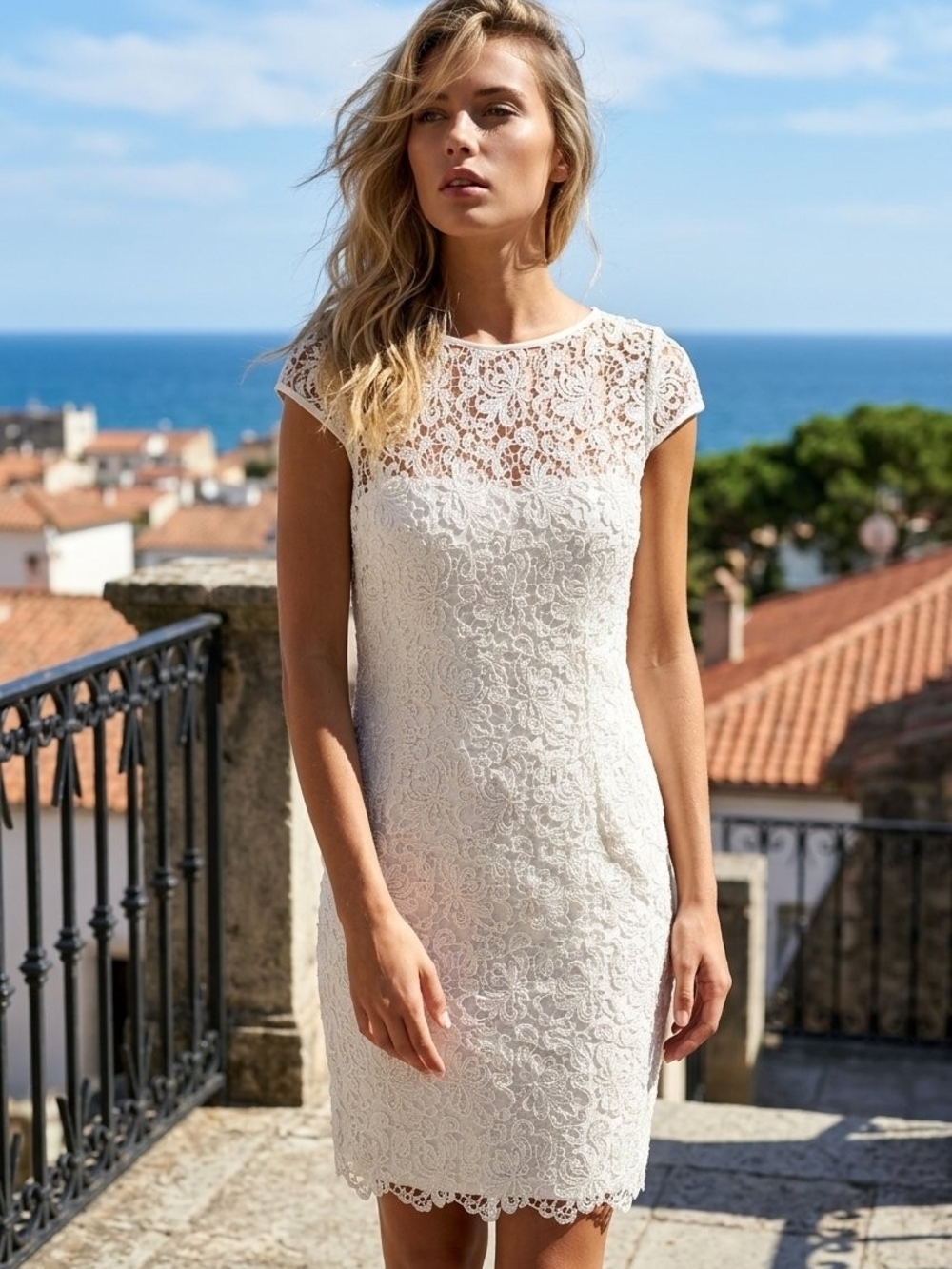 Adrianna Papell Ivory Lace Cap-Sleeve Mini Dress